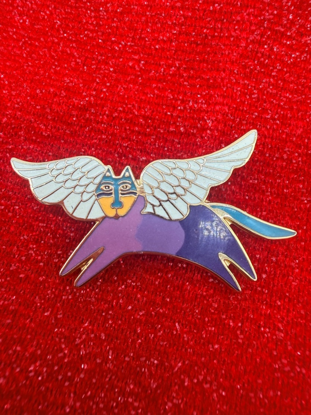 Laurel Burch Purple Winged Cat Pin with White Wings and Gold Accents